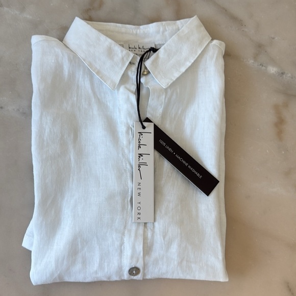 Nicole Miller White 100% Linen Button Down Shirt Short Sleeveless Loose Fit Sz S - Picture 11 of 12